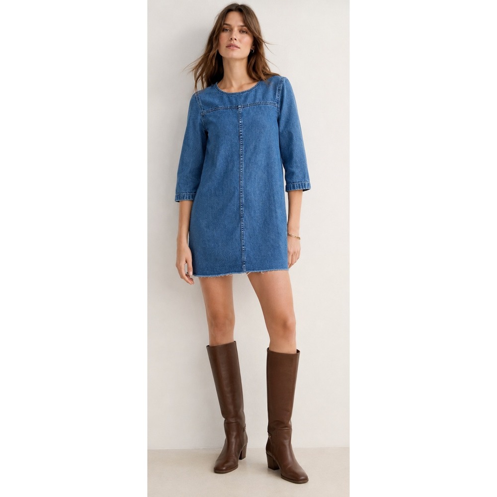 Madwell Denim Linen Blend Raw Hem Shift Casual Fall Dress Minimalist‎ Blue XXS